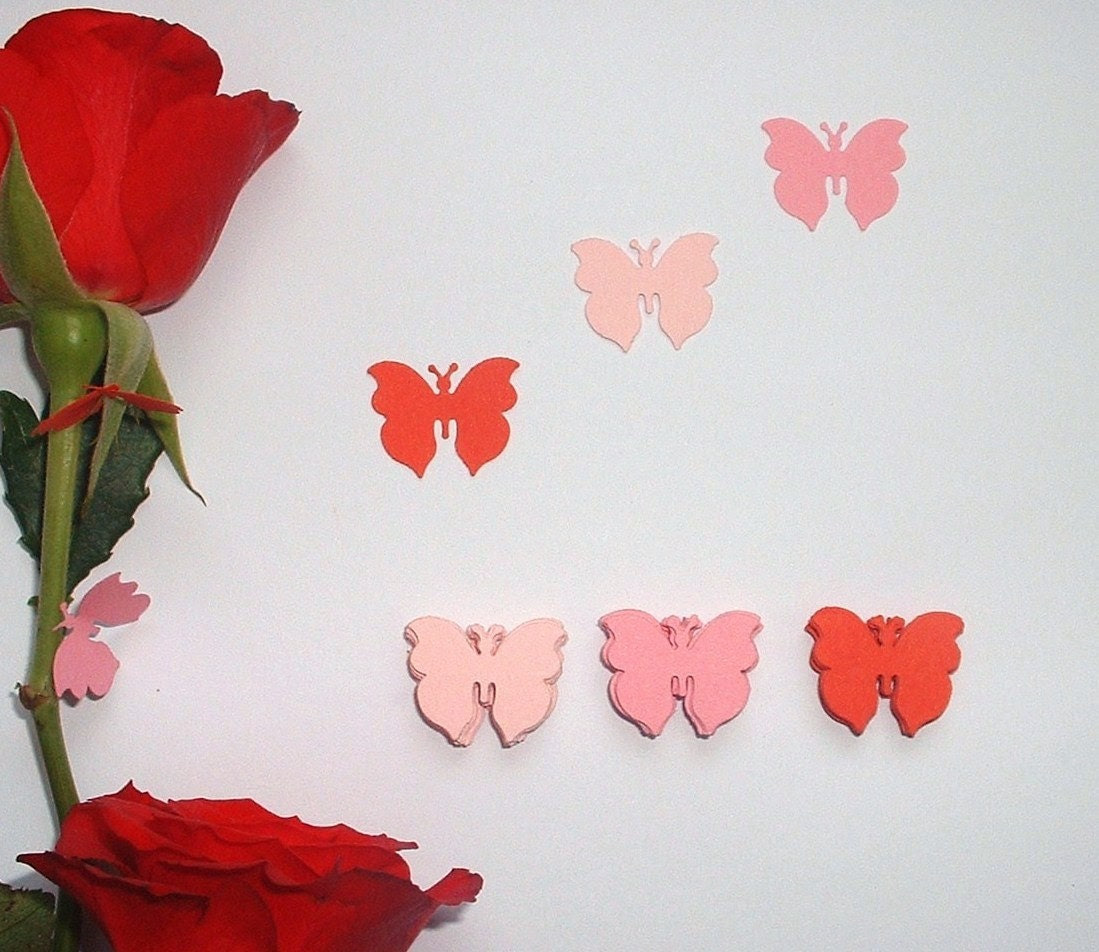 60 Rose Garden Butterflies. Mixed Rose-Garden Shades. Red Blush Pink Pale Pink. Scrapbook Card Making Embellishments. - ShoestringCottage