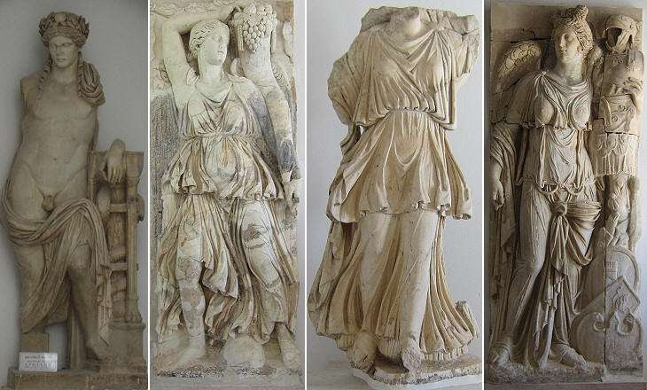 (left to right): 1) Museum of Bardo. Apollo Citharede found at the theatre; 2) 3) 4) Museum of Carthage. Three statues portraying Victory. 2) and 4) were part of a IInd century monument built on the acropolis, probably to celebrate Emperor Marcus Aurelius