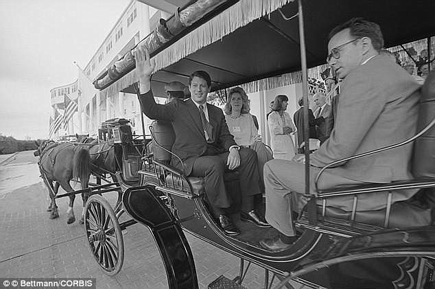 High profile: In 1987 Al Gore and his wife, Tipper, leave the Grand Hotel in a horse and carriage taxi after the Democratic Governor's Association meeting on the Island