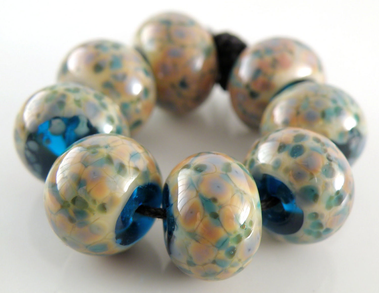 Beach Party - Handmade Lampwork Beads Glass Rounds - Blues, Greens, Peach, Tropical - SRA (Set of 8 Beads) - ahouston