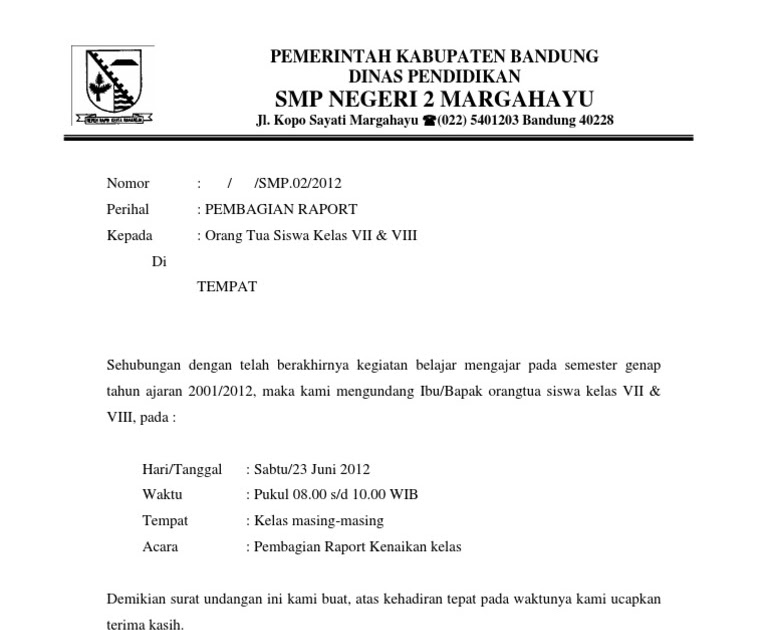 Surat Undangan Orang Tua Murid Pembagian Raport