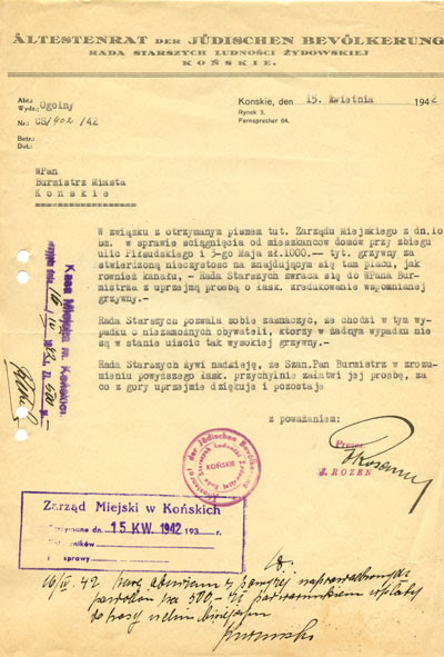 Pismo Rady Starszych Ludności Żydowskiej z dnia 15 kwietnia 1942 roku do burmistrza miasta Końskie W. Knopińskiego, podpisane przez Prezesa Rady Starszych Josefa Rozena
