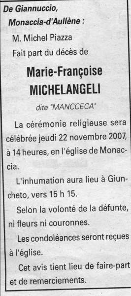 Décès Michelangeli Marie Françoise