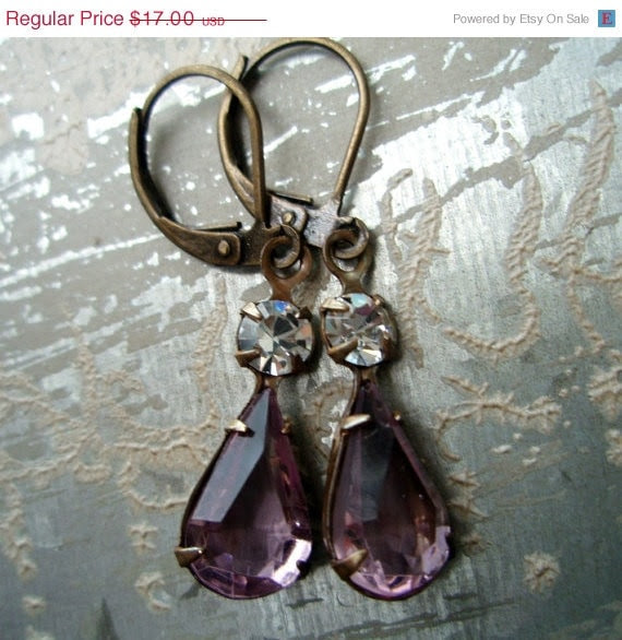 15% off Anniv Sale Vintage Rhinestone Earrings, Amethyst Purple Glass Jewel Earrings, Estate Style Earrings, Bridesmaids Gift,  Winter Wedd