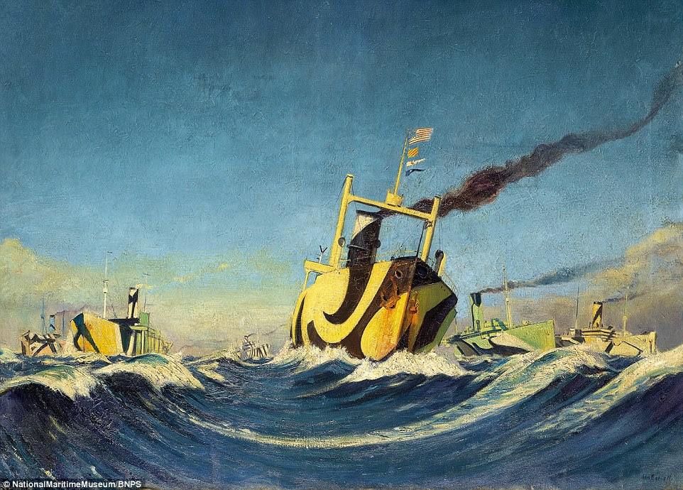 At sea: A convoy of merchant ships painted with dazzle camouflage during the First World War - part of the book Art and the War at Sea
