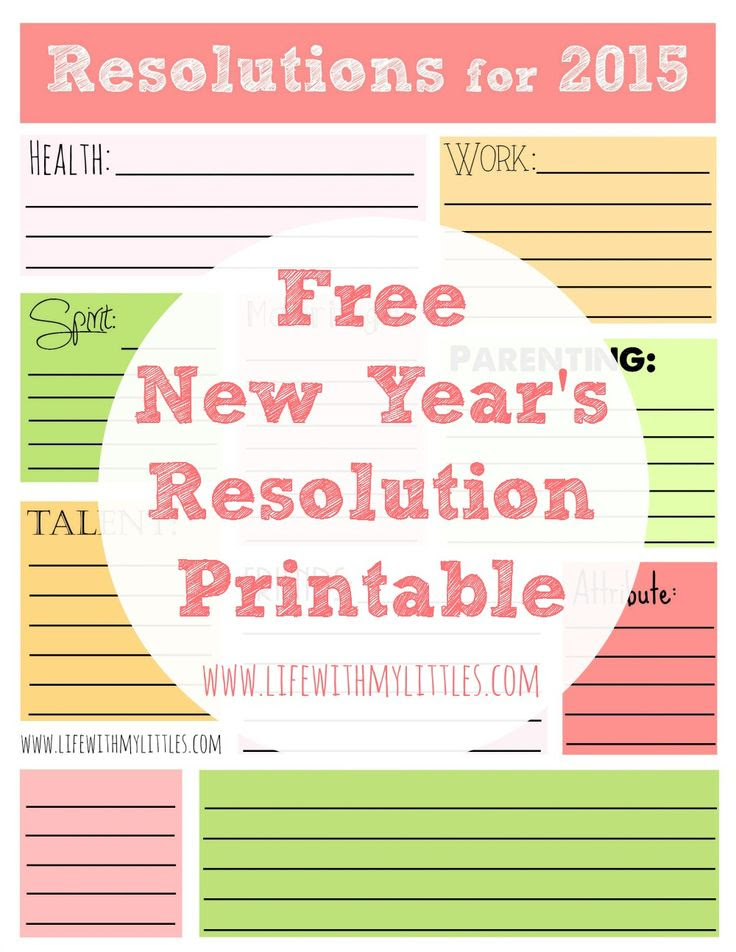 Free 2015 New Year's Resolution Printable! Includes categories like health, work, spirit, marriage, parenting, talent, friends, attribute, and two blanks!