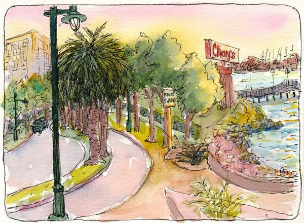 Emeryville Marina Chevys Sign at Sunset, ink & watercolor Emeryville Marina Chevys Sign at Sunset, ink & watercolor