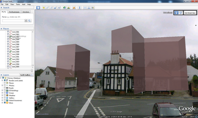 Extruded 3D Building (from Open Street Map) overlaid in Streetview in Google Earth