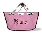 Ships in 1 to 2 DAYS Monogrammed MINI Market Tote - Light Pink with Brown Trim