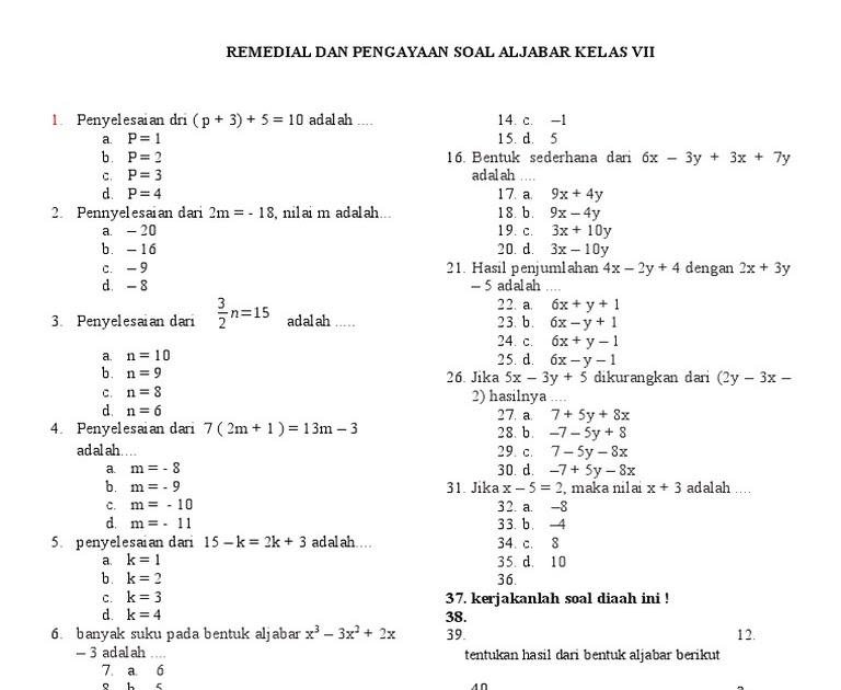 Soal aljabar kelas 8