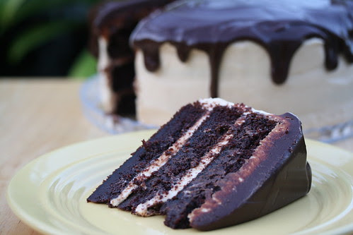 Sour Cream-Chocolate Cake with Peanut Butter Frosting and Chocolate-Peanut Butter Glaze