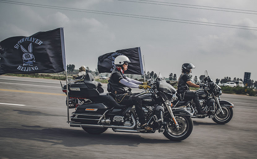 Members of Beijing-based SuperPlayer Motorcycle Club ride in formation, 2017. Courtesy of Xie Zheng’ou