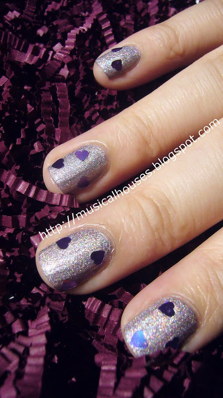 valentines day nail art purple holo hearts 2