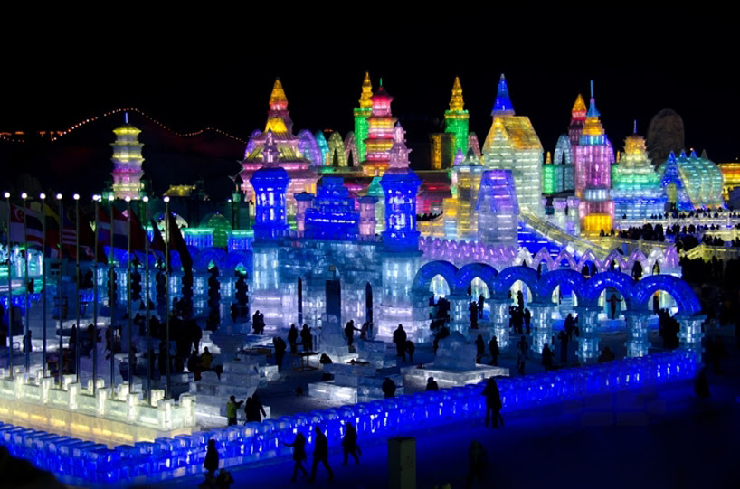 illuminated glacier village at the 2014 harbin ice festival