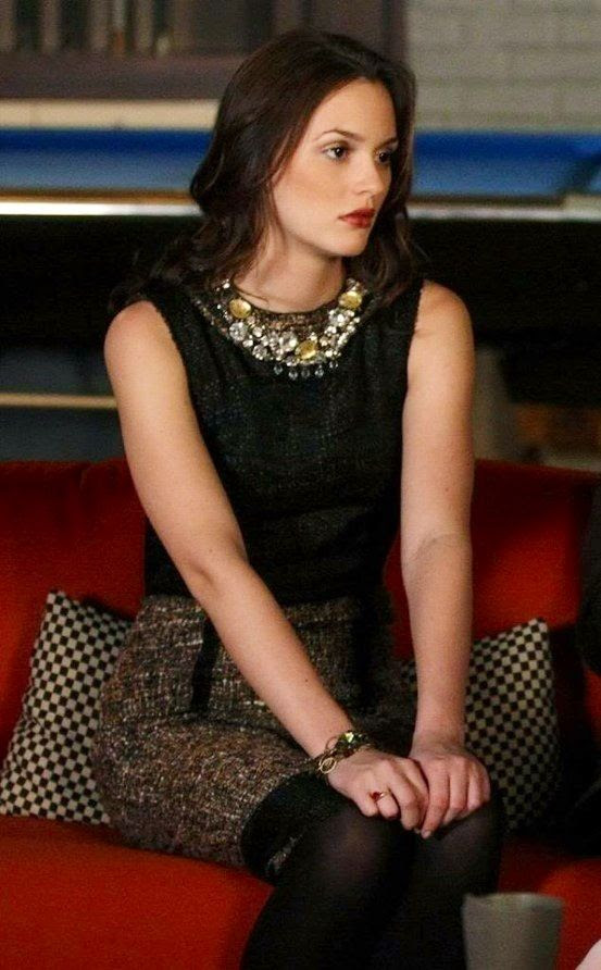 Blair Waldorf. Statement necklace on black peice, with tweed skirt