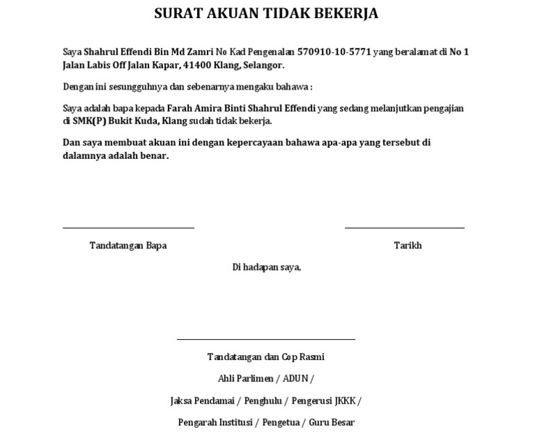 Contoh Surat Akuan Sumpah Pasangan Tidak Bekerja Contoh Surat