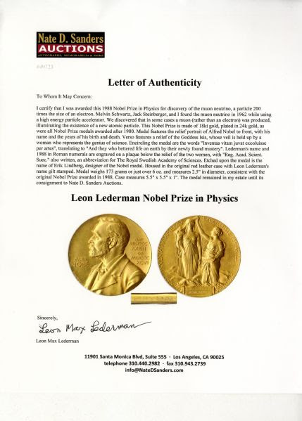 Nobel Prize Awarded to Physicist Leon Lederman in 1988 -- Won for His Groundbreaking Discovery of a New Atomic Particle -- One of Only 10 Nobel Prizes Ever to Be Auctioned