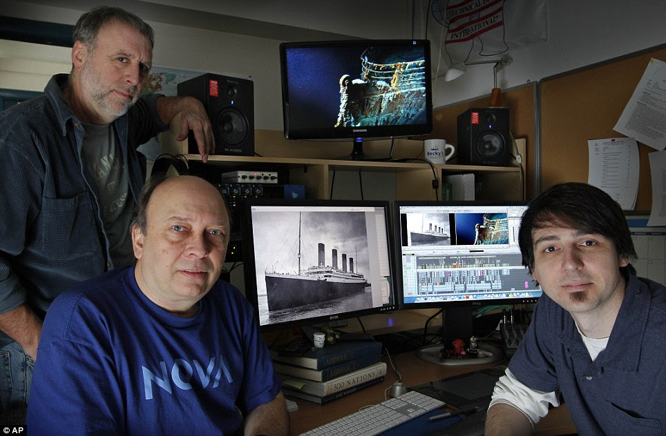 Researchers: Kirk Wolfinger, top left, Rushmore DeNooyer, and Tony Bacon are ready to put the final touches on a History Channel documentary about the mapping of the 3-by-5-mile debris field