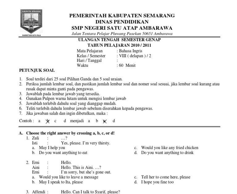 Soal Bahasa Inggris Kelas 8 Kurikulum 2013