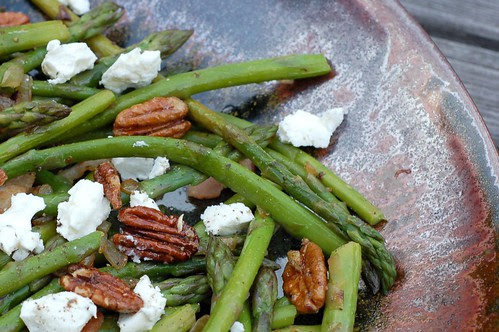 Asparagus with goat cheese & candied pecans by Eve Fox, Garden of Eating blog