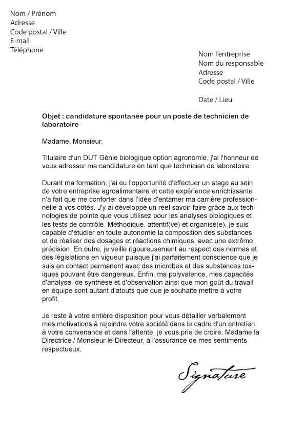 Lettre De Motivation Technicien De Laboratoire Cosmétique  Exemple de