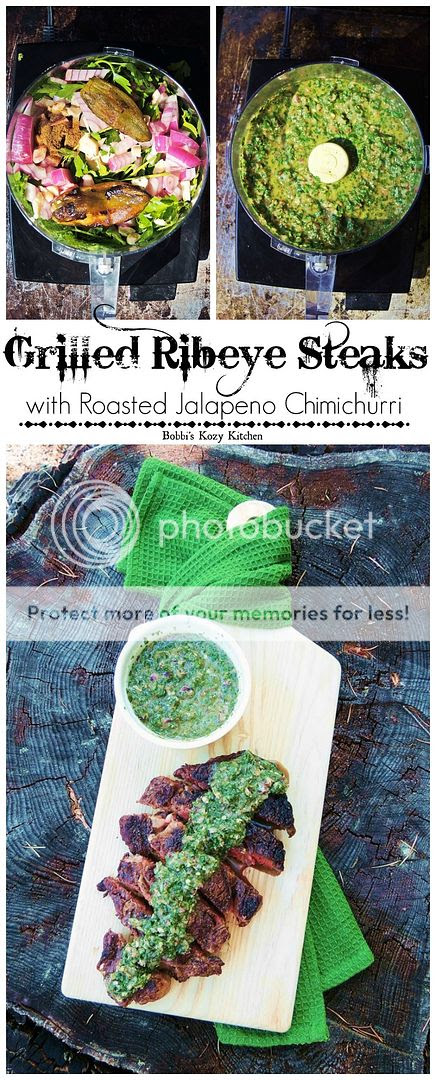 Juicy ribeye steaks, grilled to perfection, with a smoky, spicy roasted jalapeno chimichurri. From www.bobbiskozykitchen.com