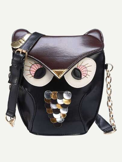 Faux Leather Owl Shoulder Bag - Black