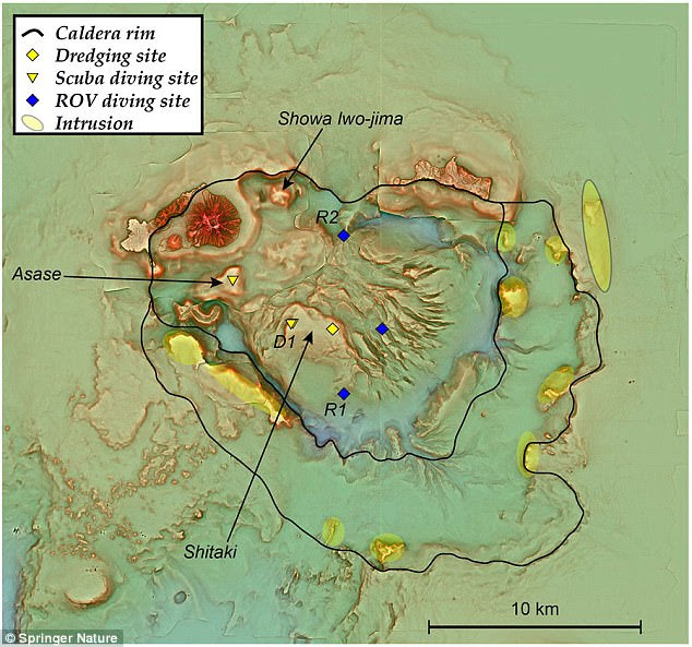A  relief image map of Kikai Caldera. Inner and outer caldera rims are shown by solid lines. Magma movement (yellow) can be seen in this image along the caldera's rim. Dredge (yellow diamond), ROV diving (blue diamonds), and scuba diving (yellow triangles) points where researchers conducted their studies are shown