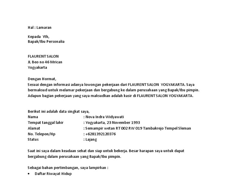 Contoh Surat Lamaran Kerja Di Salon Paint Colors Images