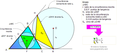 Problema de Geometría 84: Triangulo, Circunferencia Inscrita y Exinscrita, Triangulo de Contacto, Puntos de tangencia, Inradio y Exradio, Relación de Áreas. 