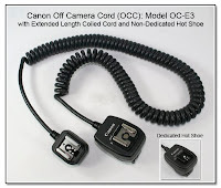 OC1019: Canon Off Camera Cord (OCC): Model OC-E3 with Extended Length Coiled Cord and Non-Dedicated Hot Shoe (Dedicated Hot Shoe Shown in Inset)