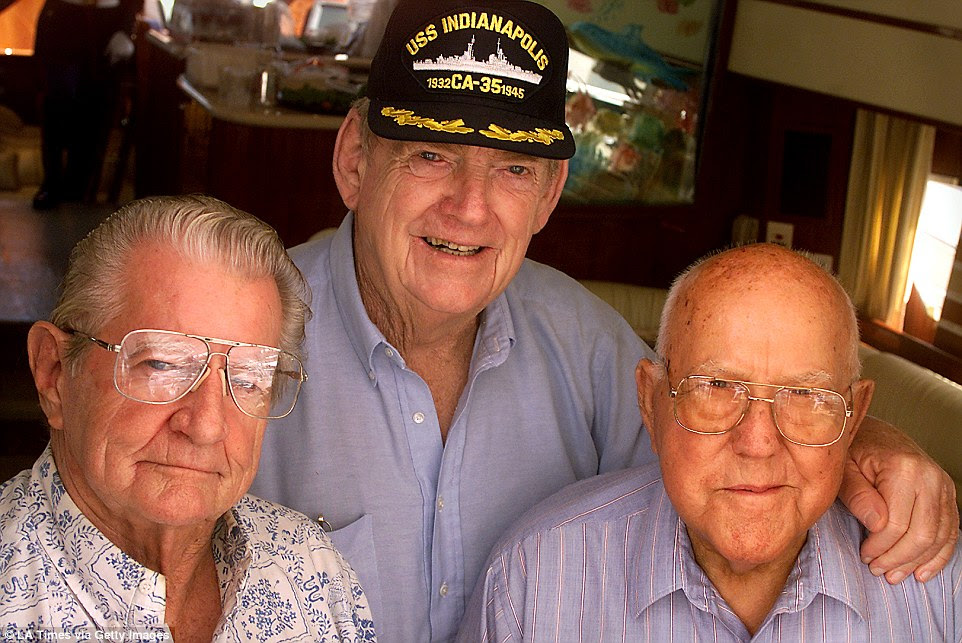 Some surviving members of the crew of the USS Indianapolis (left to right) Verne Foster, Ed Brown from Dan Point and Jacob Greenwald of Santa Ana. Photographed after a luncheon honoring survivors.
