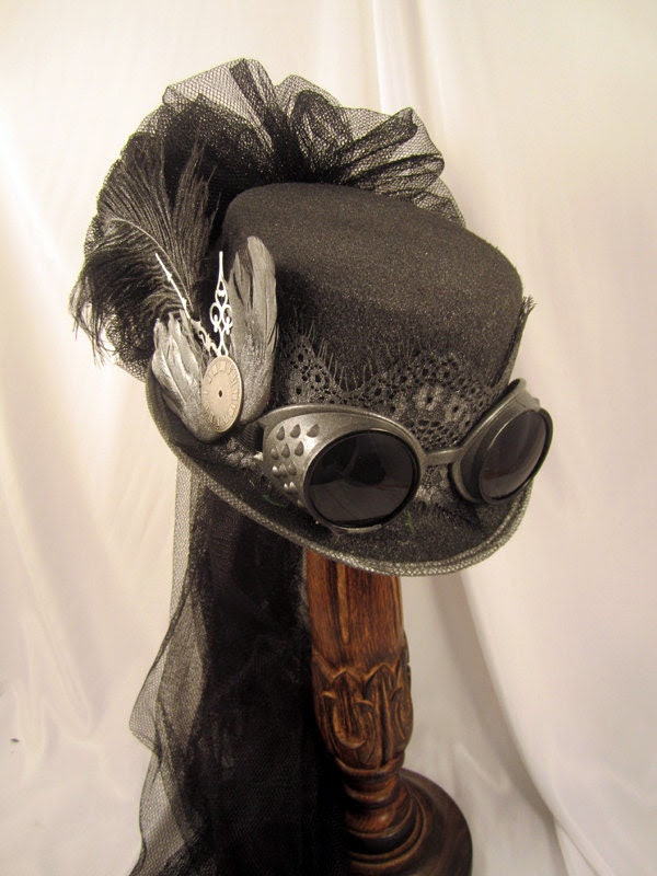 Steampunk Gun Metal Riding Hat with Goggles and Wings with Netting - JillieKatCreations