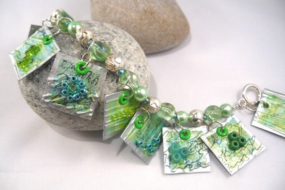 Blue/Green Bracelet with paper charms