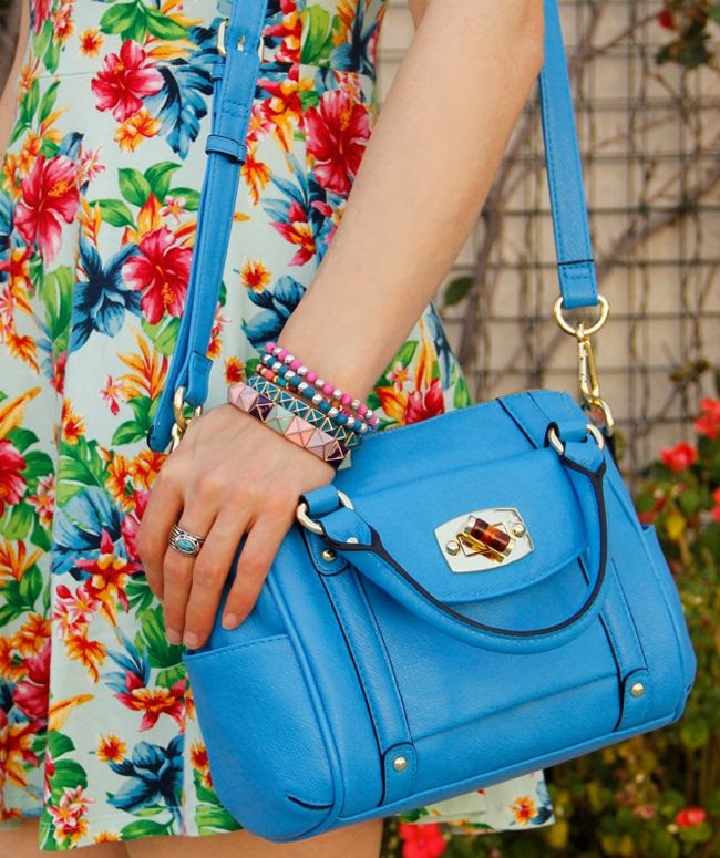 Merona mini satchel with Forever 21 tropical print dress