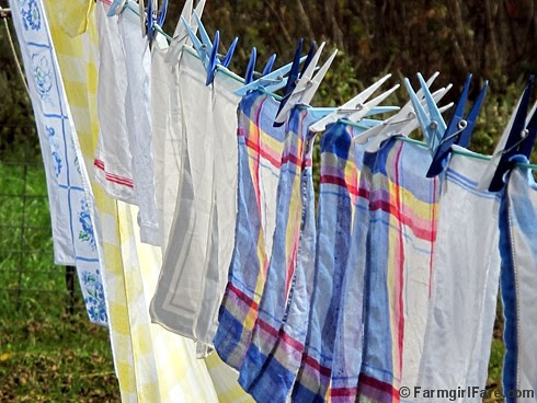 Vintage spring linens on the autumn laundry line 2 - FarmgirlFare.com