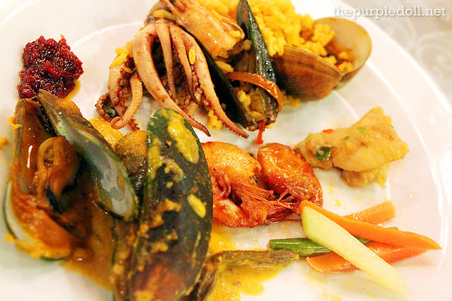 Seafood Kare-Kare, Seafood Paella Rice, Fish Fillet in Bell Pepper Adobado, Buttered Shrimp and Steamed Vegetables