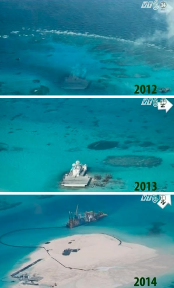 Từ năm 2013-2015, Trung Quốc đã đẩy mạnh hoạt động cải tạo đất trên các rạn san hô và đảo san hô trong chuỗi đảo Trường Sa ở Biển Đông. Ảnh: Đảo Gạc Ma từ năm 2012 - 2014.
