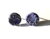 Ceramic Blue Stud Earrings, Flower Lace Pattern Circle - Ceraminic