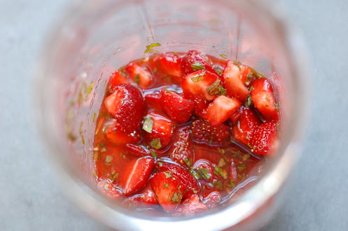 Macerating the strawberries and mint with sugar by Eve Fox, Garden of Eating blog, copyright 2012