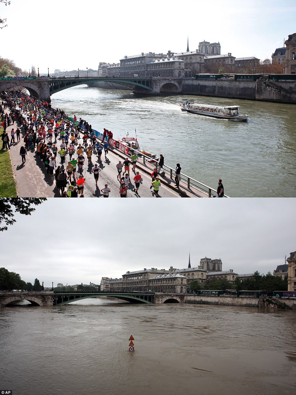 These contrasting images show the normal level of the Seine (top) which has now swollen and officials say it is still rising