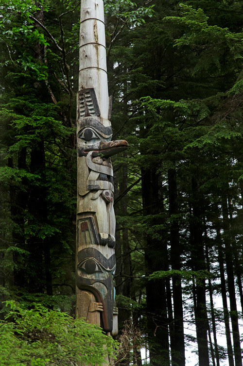 totem and trees, Totems Historic District, Kasaan, Alaska