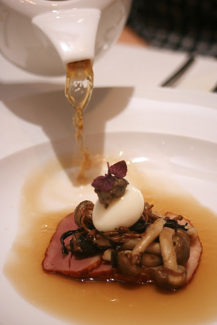 Duck Tea - duck consomme, quail egg, trumpet and brown enoki mushroom, smoked duck breast, black truffle