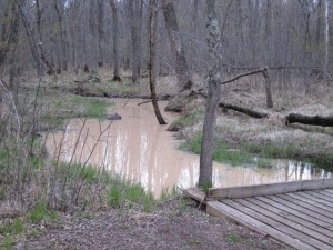 A stream flowing into the St. Croix River near Grantsburg runs brown with sediment from a silica (frac) sand mine