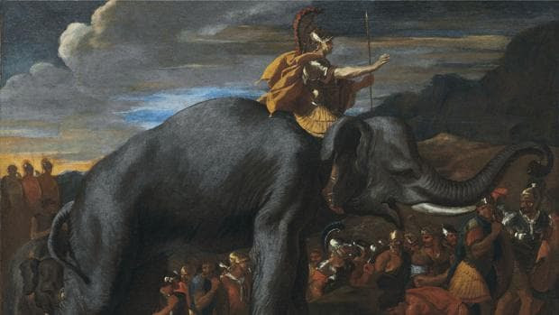 Aníbal representado sobre su elefante durante su travesía por los Alpes