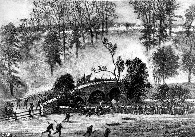 On the attack: An engraving sketch depicts Union troops charging across the Burnside bridge over Antietam Creek in the third and final day of the Battle of Antietam near Sharpsburg