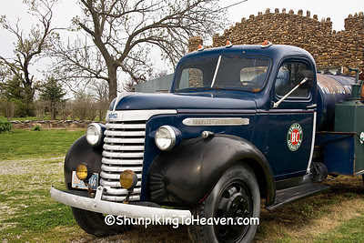 Antique Gas Truck in Front of 1926 Rubble Stone Service Garage, Gay Parita Sinclair Station on Old Route 66, Lawrence County, Missouri