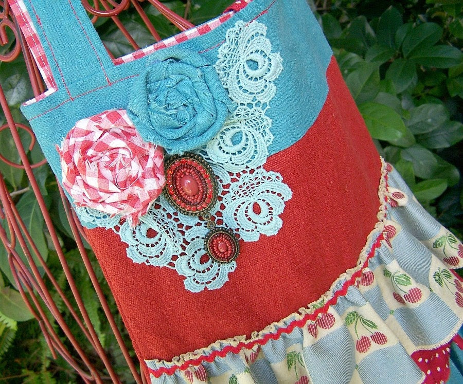 COTTON TOTE BAG in Cherry Red and Turquoise - NestInTheAttic