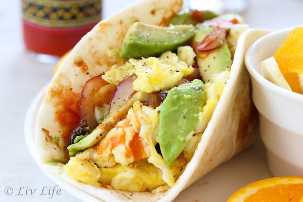 Breakfast Taco with eggs, avocado and veggies