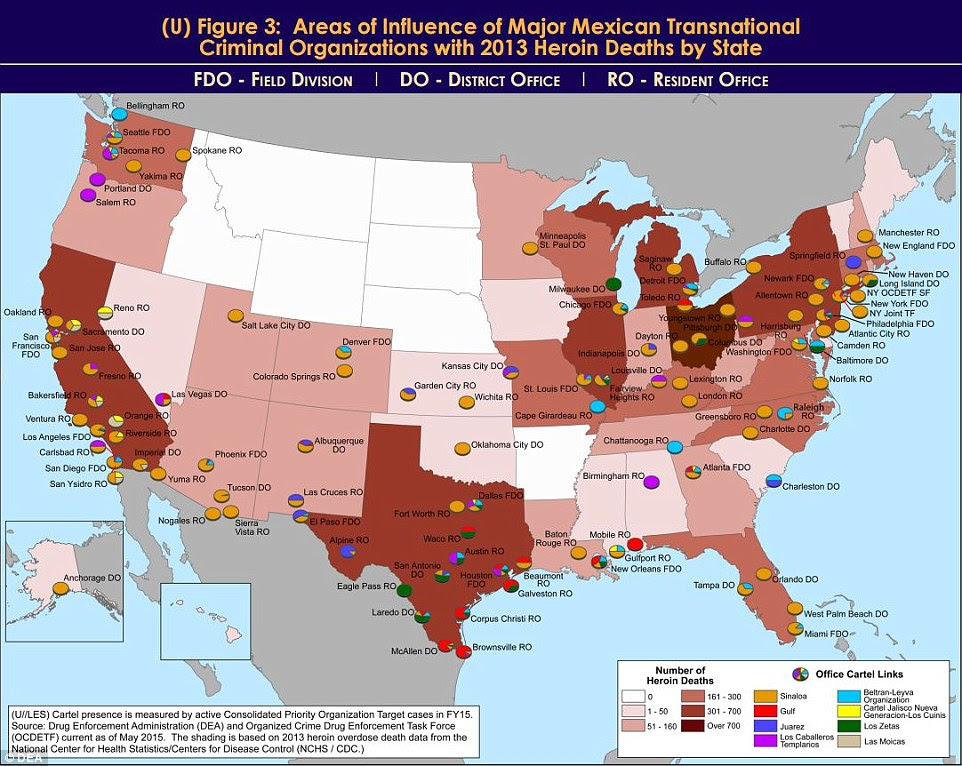 A third map (Figure 3, below) shows the where the most heroin-related deaths occur in the United States, with darker shaded states meaning more deaths